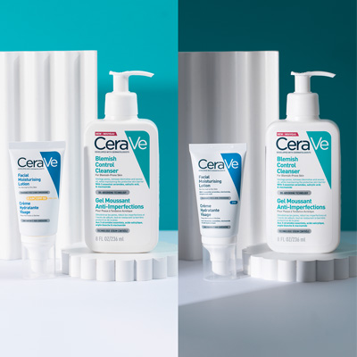 A split image comparing day-time and evening skincare routines. On the left is Facial Moisturising Lotion with SPF and Blemish Control Cleanser against a bright background, while the right features Facial Moisturising Lotion and Blemish Control Cleanser with a darker background.